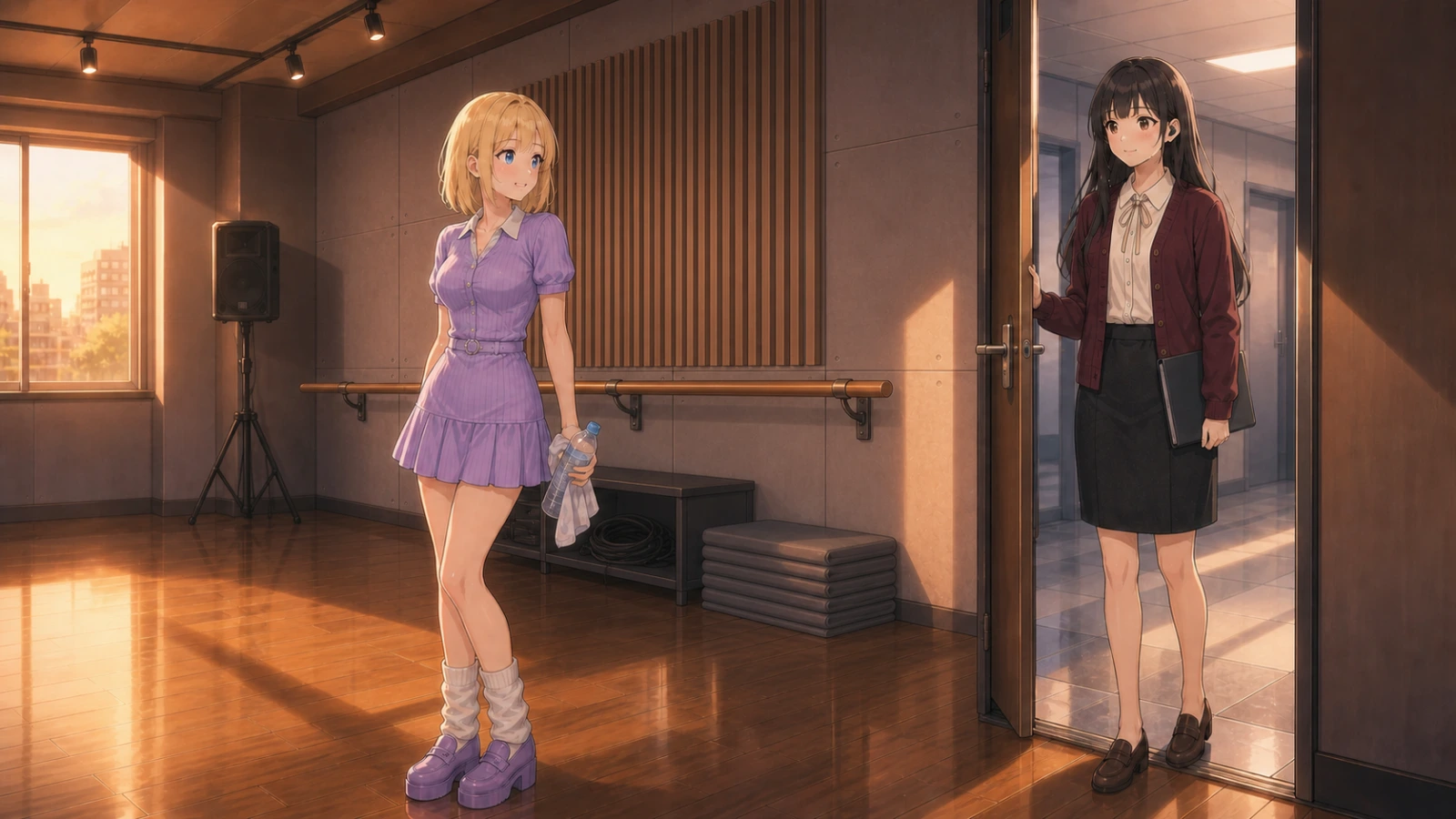 Sienna and Riley face the viewer across a dim practice room, one still catching her breath, one holding a rundown board.