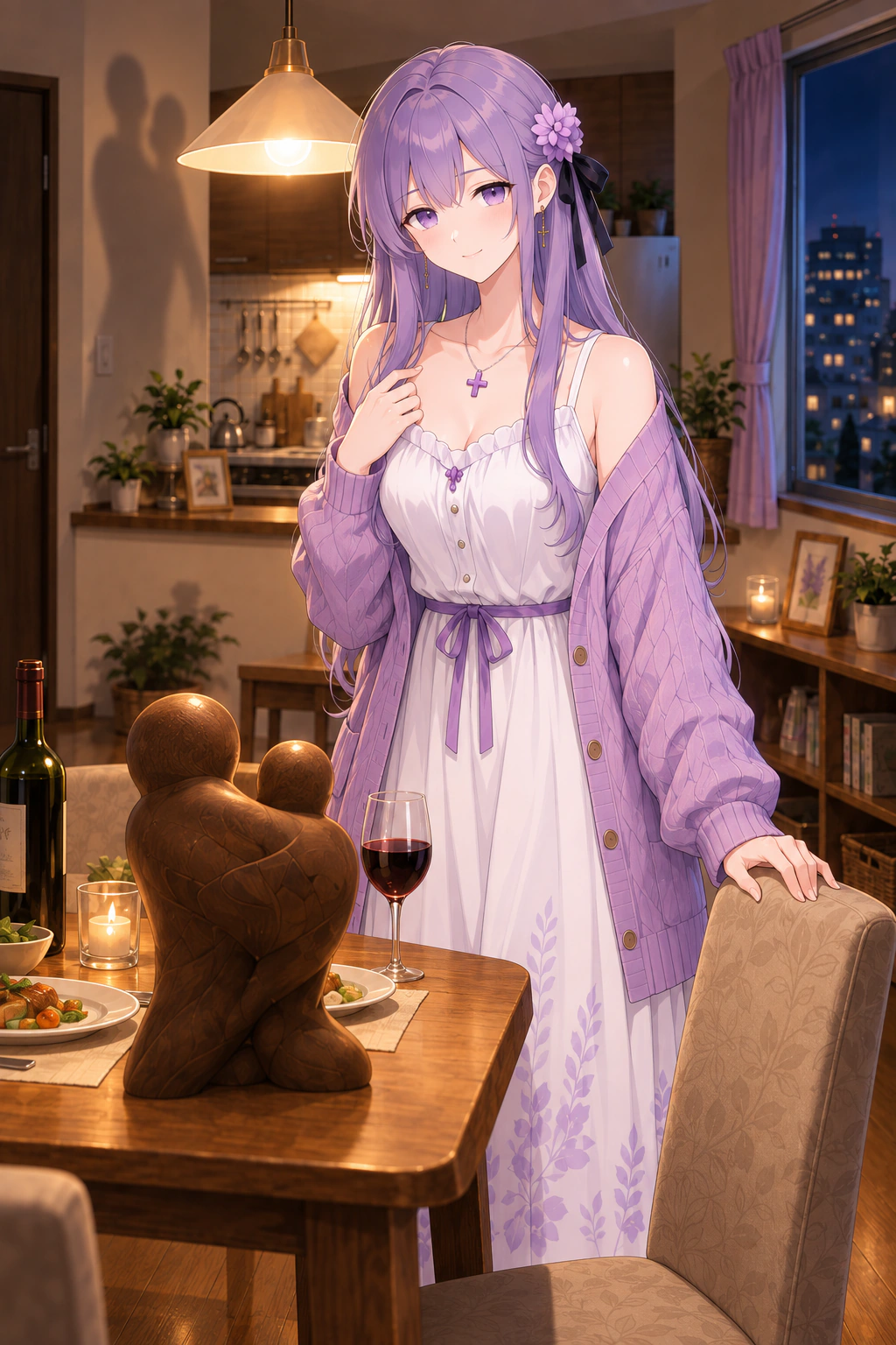 Iris stands warmly beside a dinner table while a faceless embracing statue casts an impossible shadow behind her.