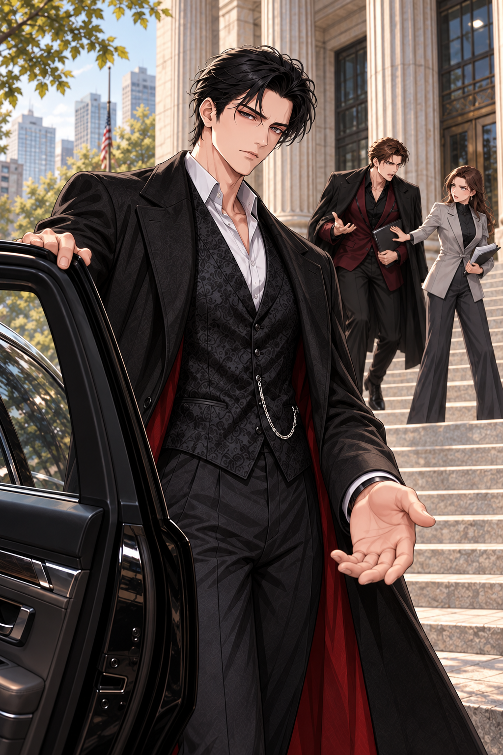 Victor holds open a car door and offers a hand outside the courthouse, with Ethan and Sophia on the steps behind him.