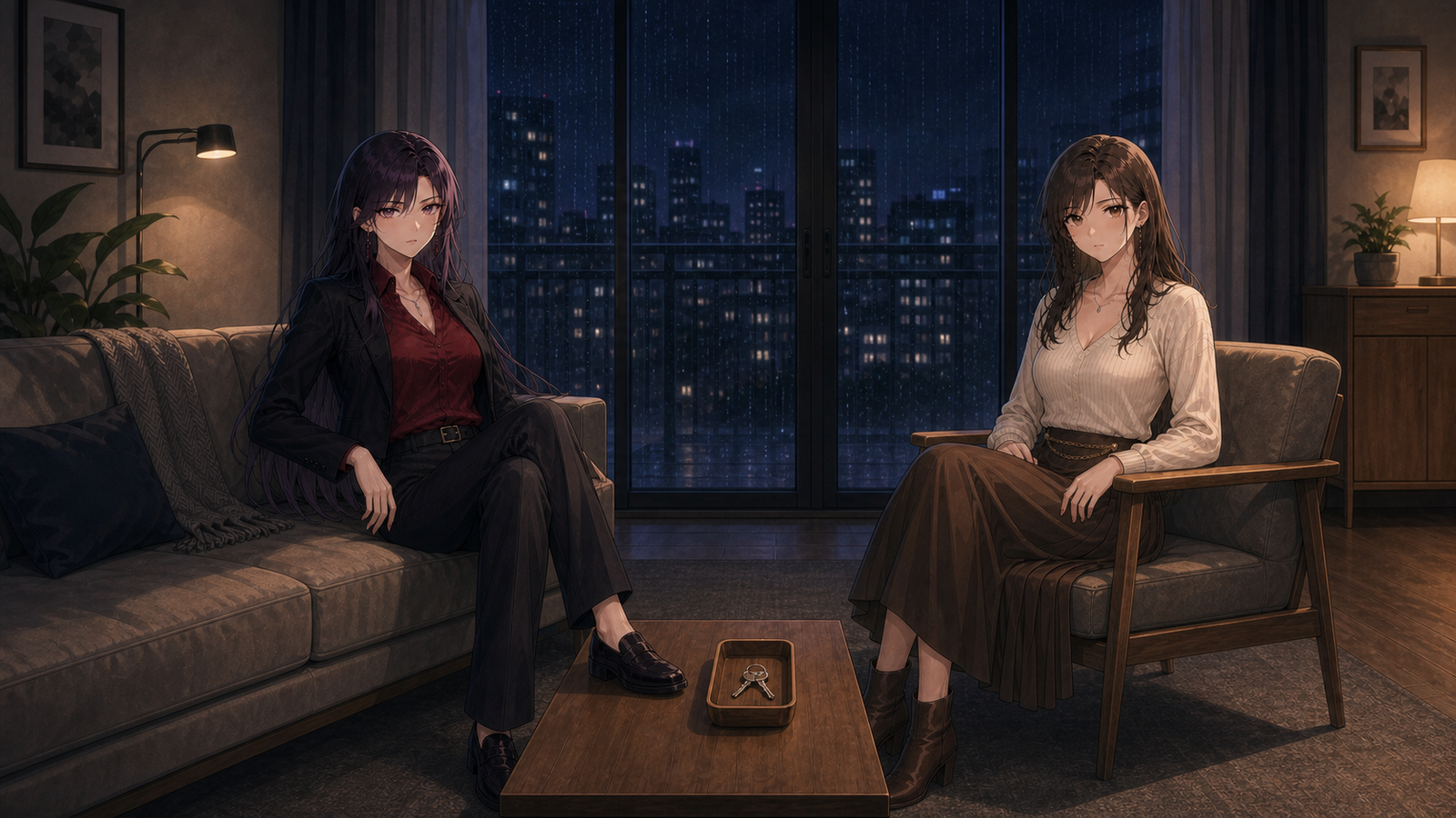 Rin and Hana face the viewer across a dry apartment living room with keys on the table and rain beyond closed glass.