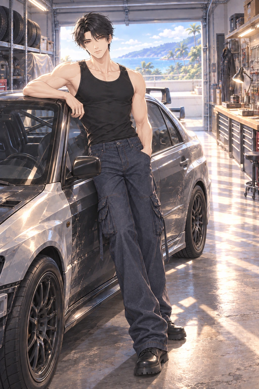 Kai stands beside a restored rally car in a coastal garage while an open passenger door hints at the unseen Navigator.
