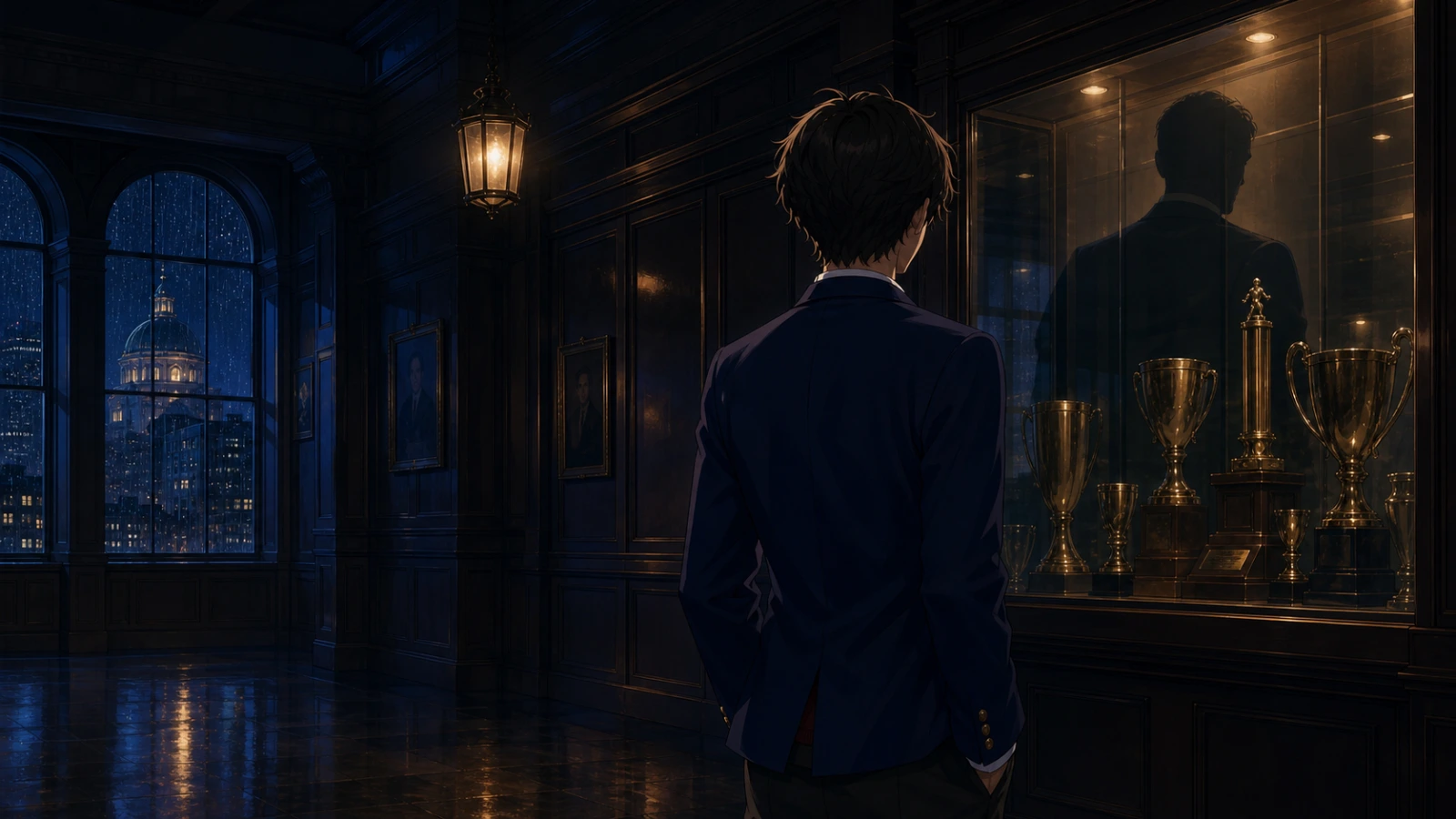 A student seen from behind faces his older reflected silhouette beside a trophy case in a rain-darkened Boston private-school corridor.